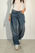 Relaxed Fit Blue Denim Straight Leg Jeans with Rhinestone Embellishments for Casual Glamour