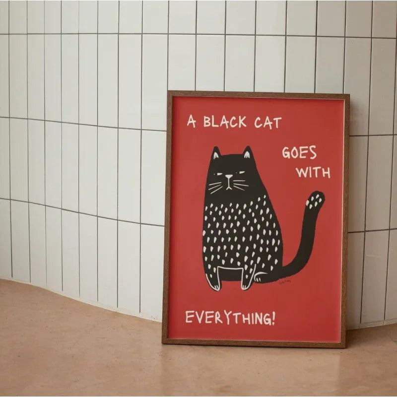 Black Cat Wall Art Red Orange Canvas Print Waterproof