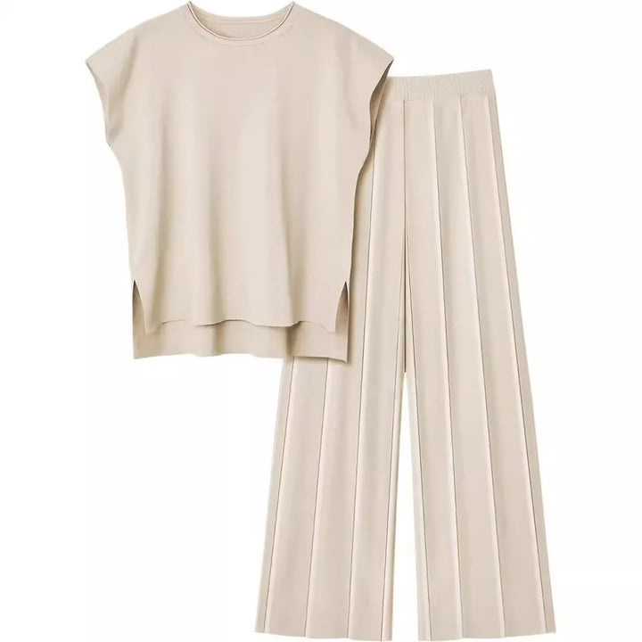 Soft Relaxed Women’s Two-Piece Trouser Set – Sleeveless Round-Neck Knit Top, High-Waist Wide-Leg Trousers For Summer