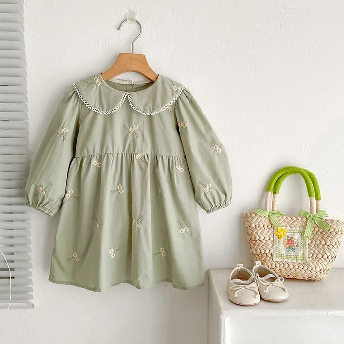 Soft, classic girls' dress - embroidered floral, Peter Pan collar, puff sleeves, cotton, for spring outings