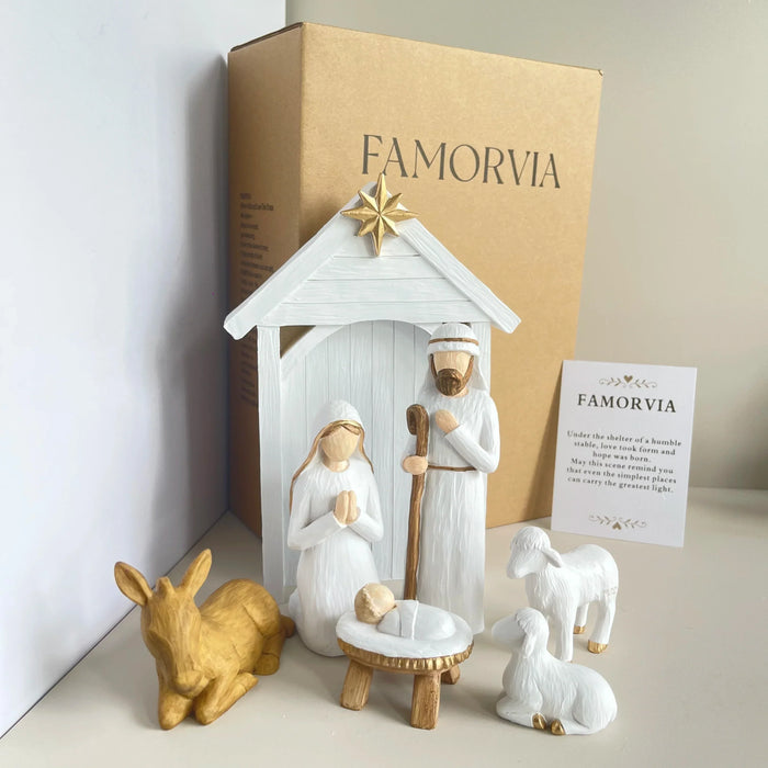 Nativity Scene Large 7-Piece Set White And Gold Resin Figures Faceless Holy Family Christmas Decor 2025 Gift