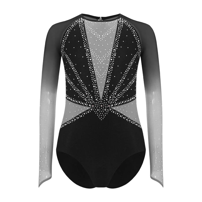 Stretchy Girls' Leotard - flattering, rhinestone-detailed, long-sleeve, mesh-panel, polyester elastane, for gymnastics