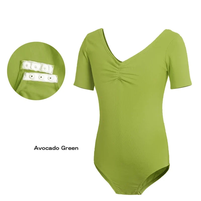 Soft girls ballet leotard - drawstring neckline, ruched front, cotton knit, for dance class
