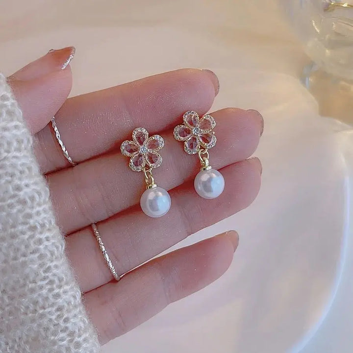 Crystal Flower Earrings Pearl Drop Gold Tone – Korean Style Party jewellery, Fall 2026 Gift Idea