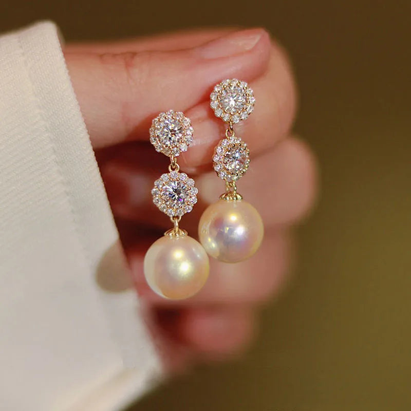 Crystal Flower Earrings Pearl Drop Gold Tone – Korean Style Party jewellery, Fall 2026 Gift Idea