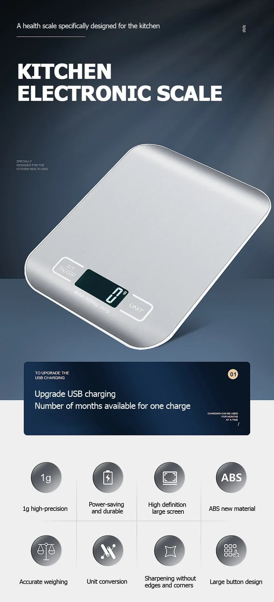 Digital Kitchen Scale Stainless Steel LCD Baking Scale