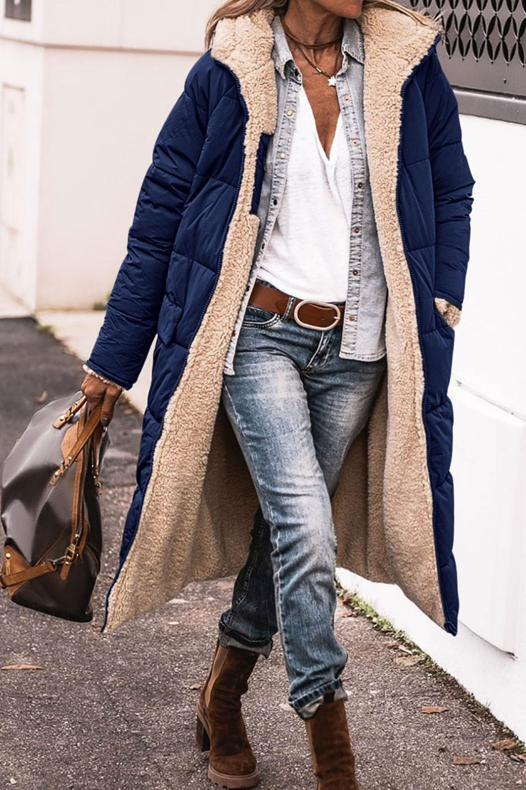 Warm Women’s Reversible Long Coat - Quilted Sherpa Hooded