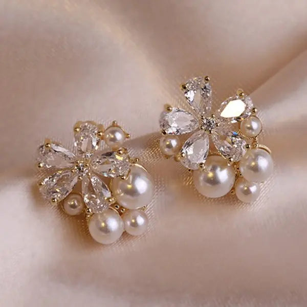 Crystal Flower Earrings Pearl Drop Gold Tone – Korean Style Party jewellery, Fall 2026 Gift Idea