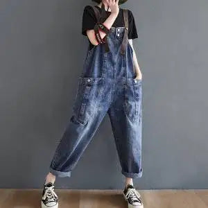 Vintage Big Pocket Suspender Jeans Trousers - Women's Casual Denim Harem Trousers