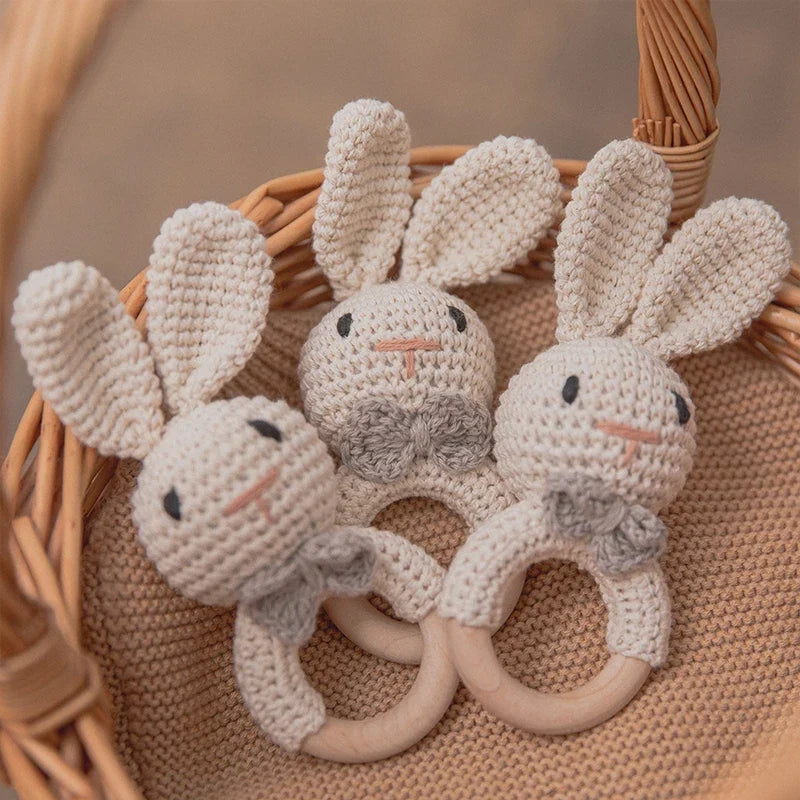 Wooden Crochet Animal Teether Rattle Newborn Sensory Toys