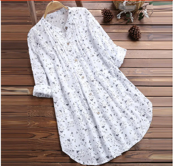 Elegant Long Cotton Linen Shirt - Floral Print Blouse for Women, Full Sleeve Spring Autumn Fashion