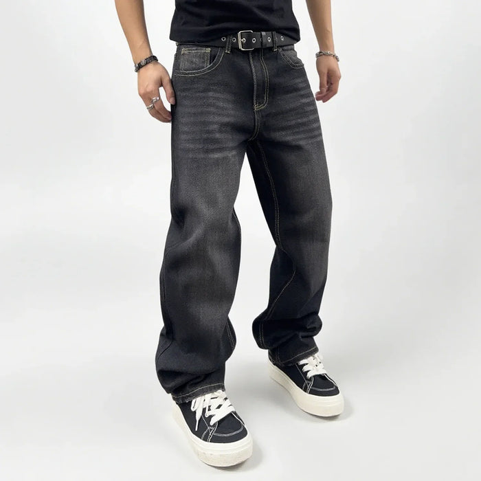 Oversized Men's Jeans - Straight Cut, Washed Denim, Autumn