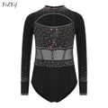 Stretchy Girls' Leotard - flattering, rhinestone-detailed, long-sleeve, mesh-panel, polyester elastane, for gymnastics