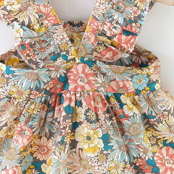 Soft Baby Girl Dress - Classic Floral Flutter Sleeves, Polyester, With Crossbody Bag, For Ages 0-3