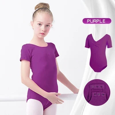 Soft girls' ballet leotard - short sleeve v-neck ruched, cotton knit, for dance practice and classic classes