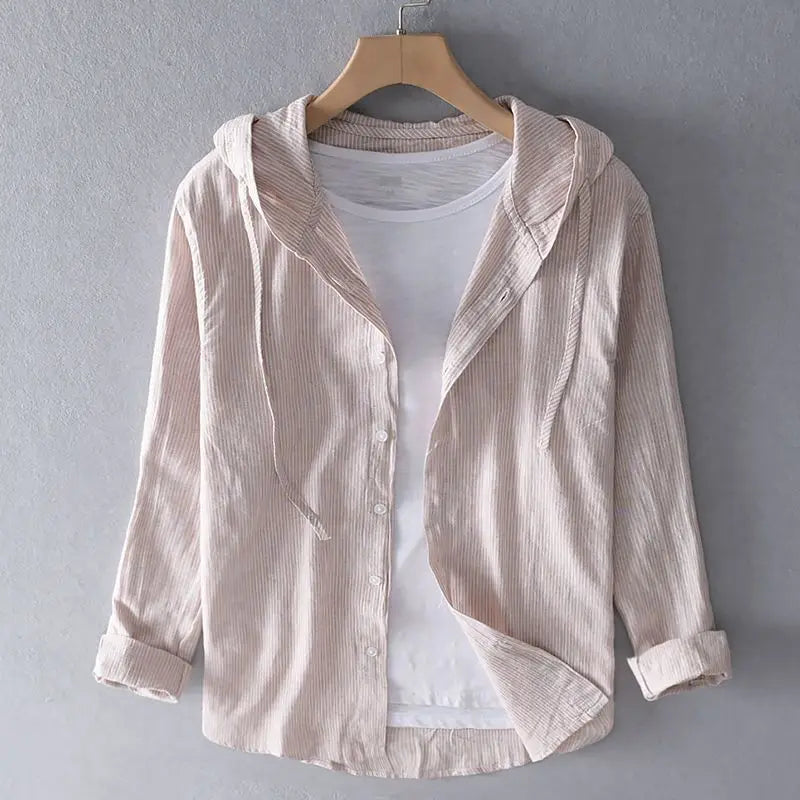 Spring Summer Solid colour Hooded Cotton Hemp Shirt Man Casual Cardigan