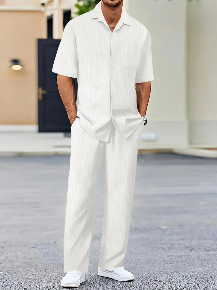 Lightweight Linen Shirt and Trousers Set, Vertical Striped Design, Relaxed Fit for Casual and Semi-Formal Wear