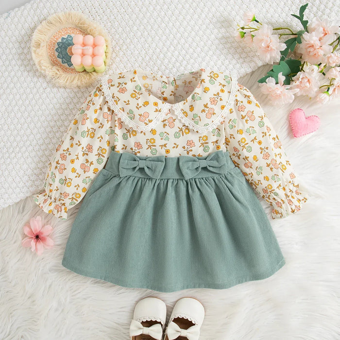 Soft Flowy Girls' Floral Long-Sleeve Dress - Bow-Detailed Waist, Polyester, For Spring And Autumn