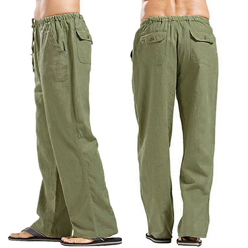 Solid colour Multi-Pocket Linen Men Trousers - Casual Breathable Summer Trouser, Large Size