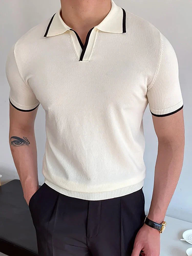 Modern Cotton Patchwork Polo Shirt for Men, Short Sleeves, Breathable Fabric, Tailored Fit Golf Shirt
