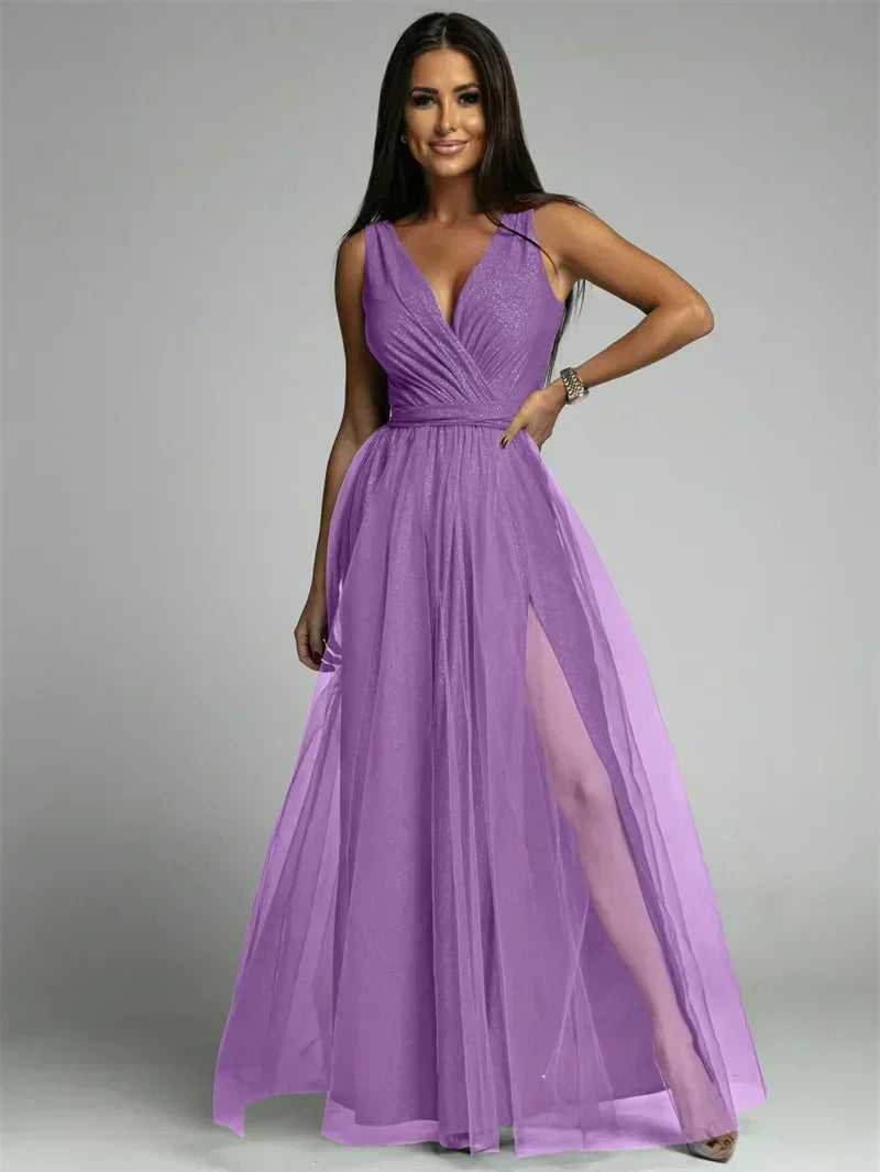 Elegant V-Neck Sleeveless Dress with Slit Hem, Plus Size Formal Wedding Guest Cocktail Dress