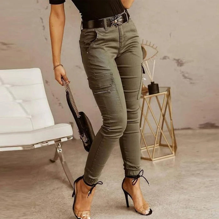 Stylish Women's Cargo Jeans with Pockets, Comfortable Stretch Fabric, Modern Fit, Available in Armed Green, Navy Blue, grey