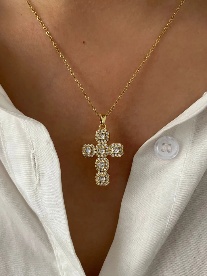 Cross Pendant Necklace Gold Tone - Cubic Zirconia jewellery, Stainless Steel Chain, Fall 2026 Gift Idea