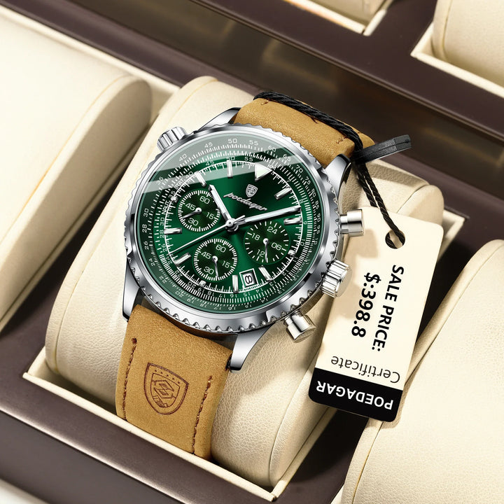 Quartz Chronograph Watch Waterproof Luminous Date Leather