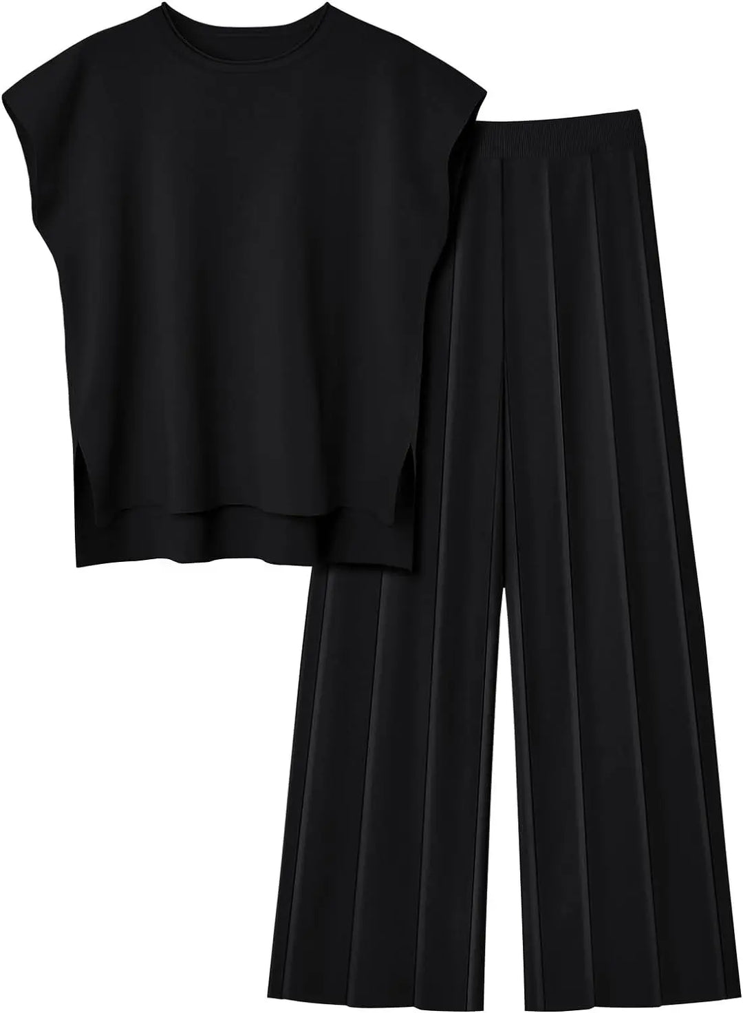 Soft Relaxed Women’s Two-Piece Trouser Set – Sleeveless Round-Neck Knit Top, High-Waist Wide-Leg Trousers For Summer