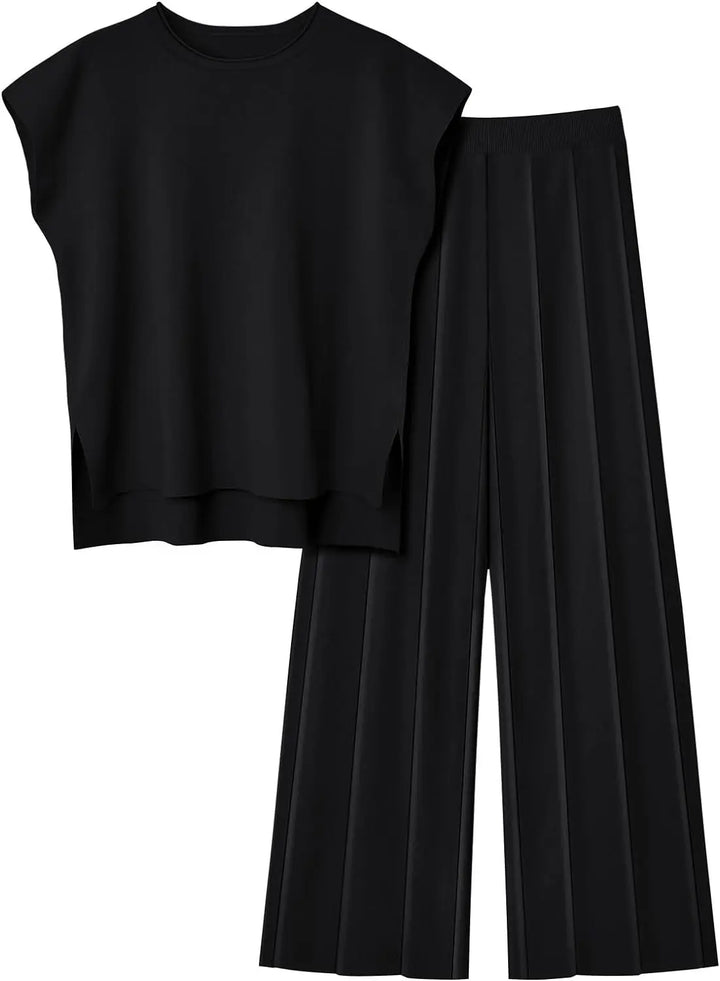 Soft Relaxed Women’s Two-Piece Trouser Set – Sleeveless Round-Neck Knit Top, High-Waist Wide-Leg Trousers For Summer