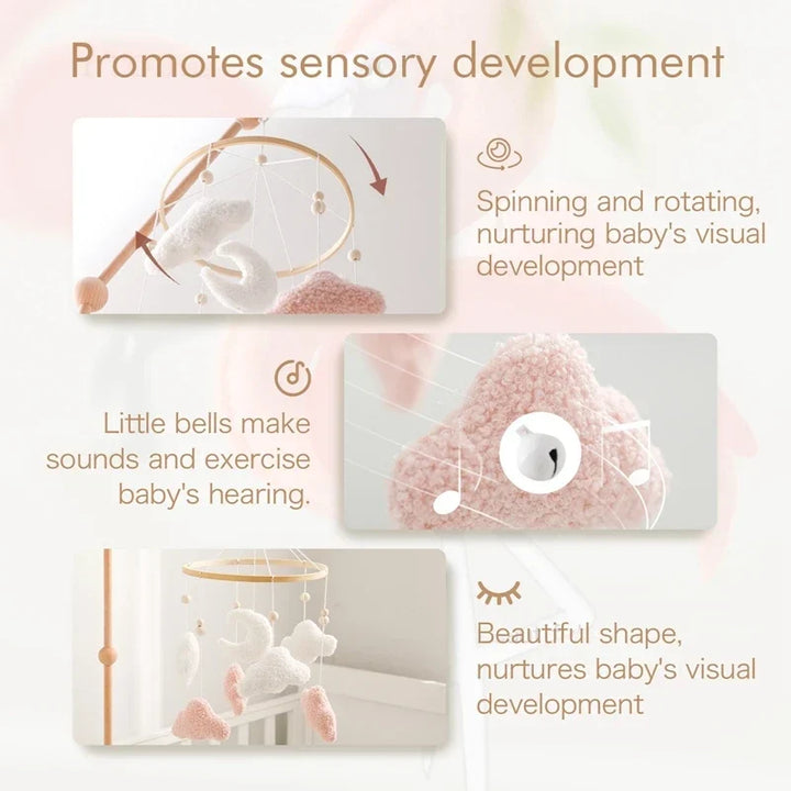 Wooden Crib Mobile Felt Bear Musical Newborn Sensory Toys