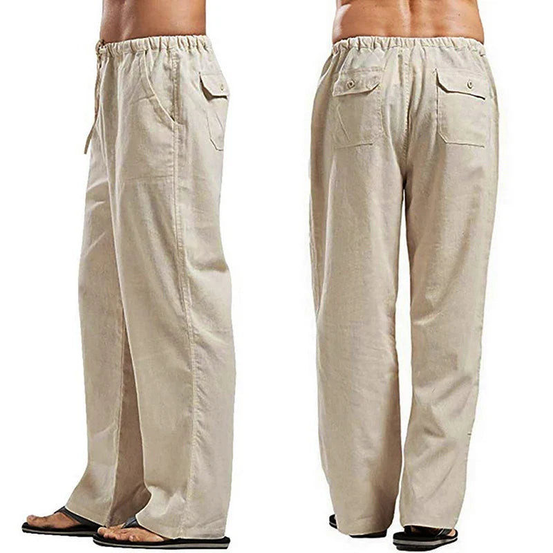 Solid colour Multi-Pocket Linen Men Trousers - Casual Breathable Summer Trouser, Large Size