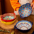 Ceramic Soup Bowl Bohemian Handle Embossed Microwave