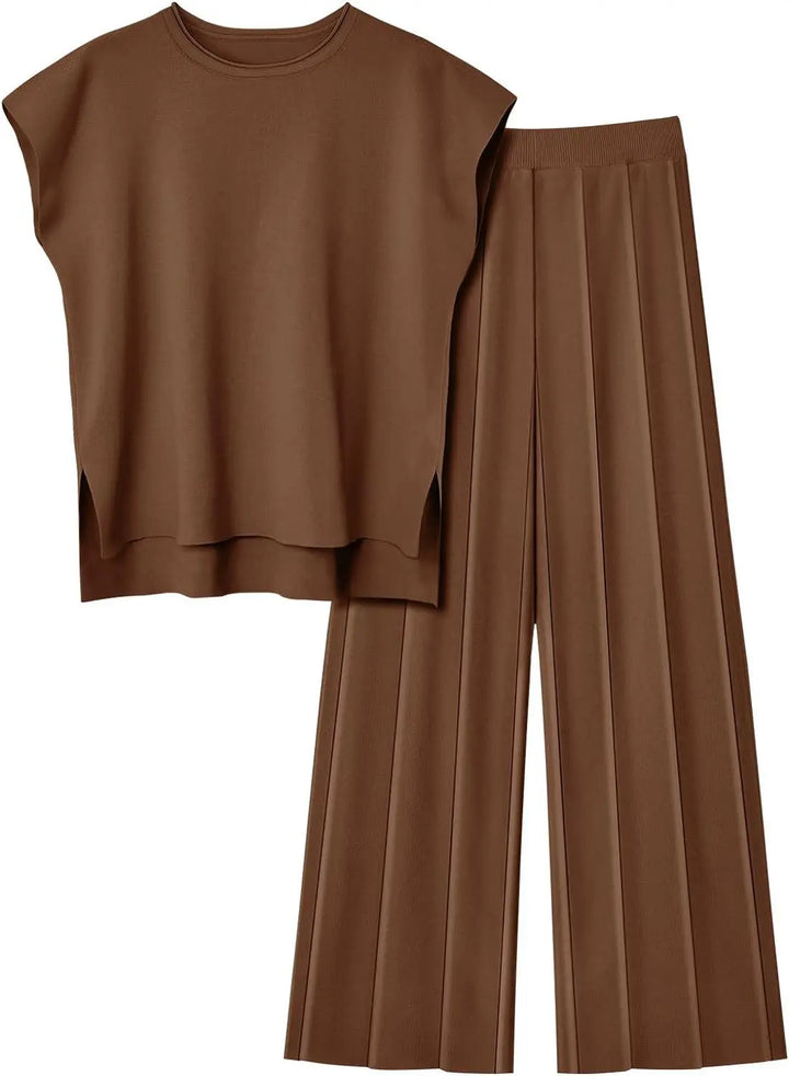 Soft Relaxed Women’s Two-Piece Trouser Set – Sleeveless Round-Neck Knit Top, High-Waist Wide-Leg Trousers For Summer