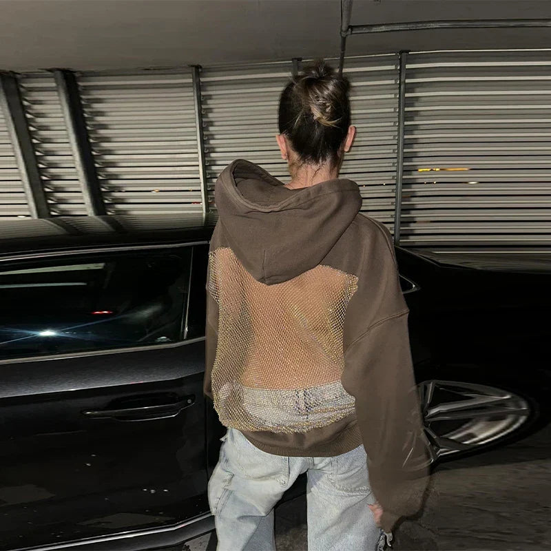 Oversized Relaxed Women’s Hooded Pullover - Boxy Hollow-Back Cut, Blended Fabric With Mesh Back, For Streetwear