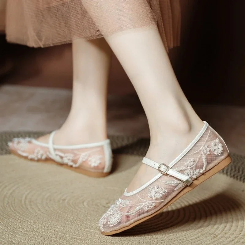 Lightweight Women’s Ballet Flats - Mary Jane Mesh, Beaded
