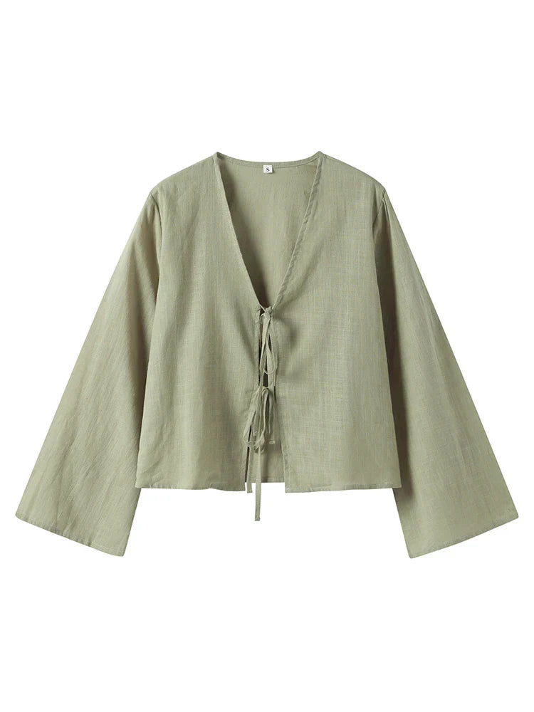 Stylish Long Sleeve Blouse with Openwork V-Neck and Lacing, Breathable Fabric for Spring Fashion