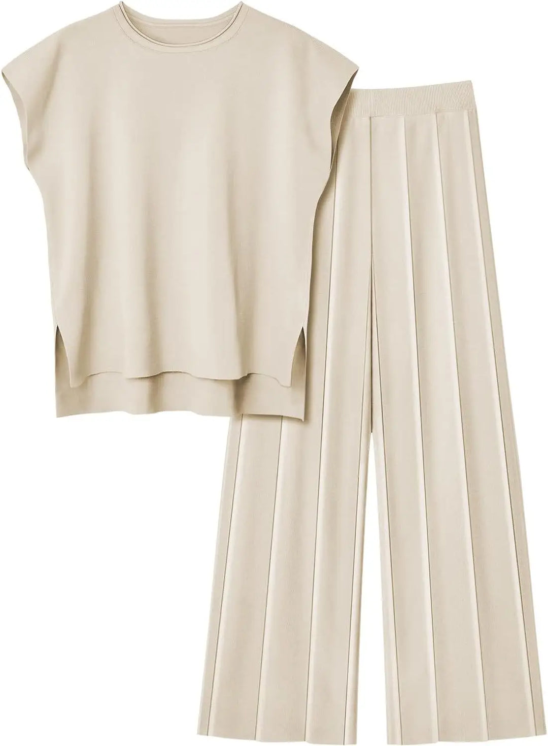 Soft Relaxed Women’s Two-Piece Trouser Set – Sleeveless Round-Neck Knit Top, High-Waist Wide-Leg Trousers For Summer