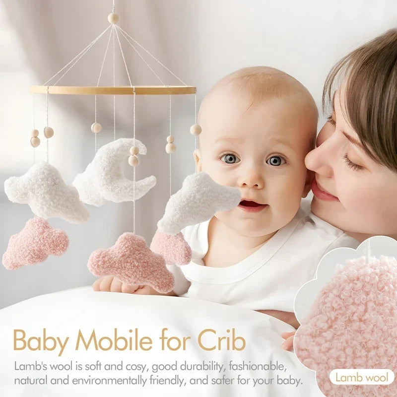 Wooden Crib Mobile Felt Bear Musical Newborn Sensory Toys