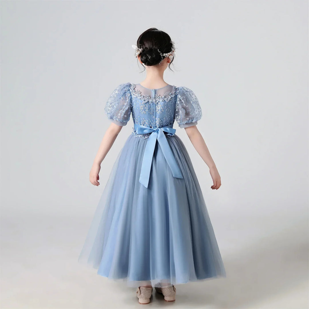 Soft Girls’ Lace-Embroidered Princess Dress - Puff Sleeve, Polyester, For Weddings and Parties