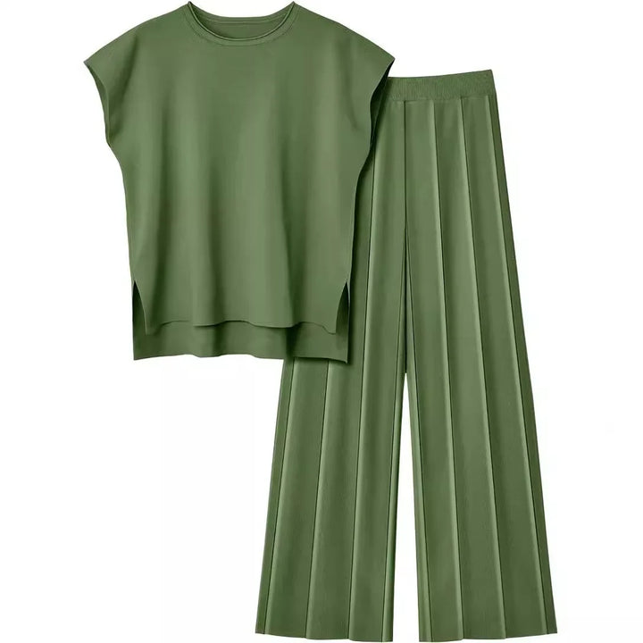 Soft Relaxed Women’s Two-Piece Trouser Set – Sleeveless Round-Neck Knit Top, High-Waist Wide-Leg Trousers For Summer