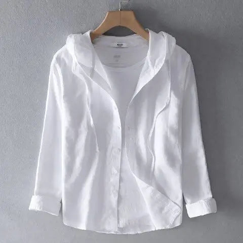 Spring Summer Solid colour Hooded Cotton Hemp Shirt Man Casual Cardigan