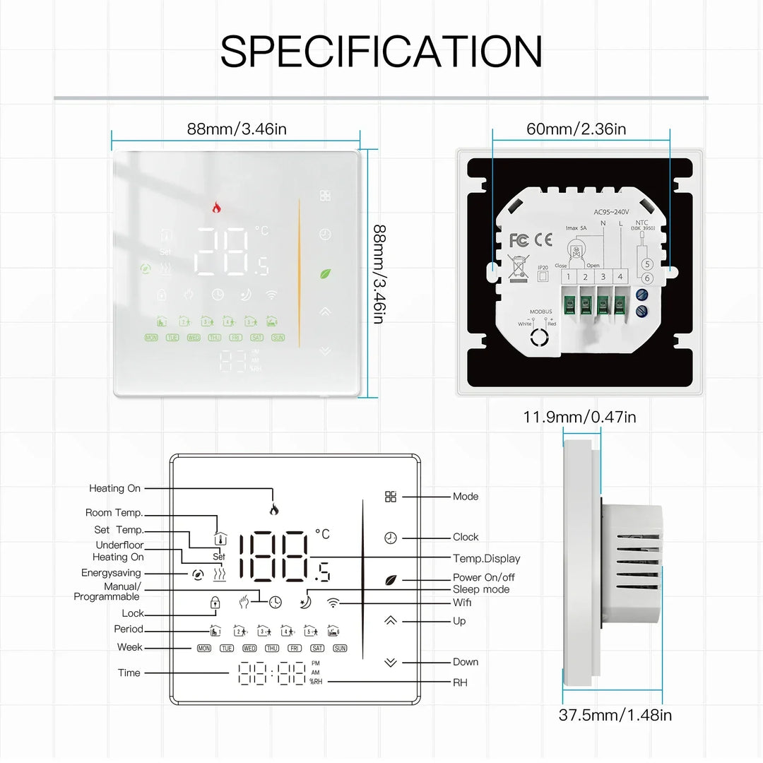 ZigBee Thermostat Wall Mounted Glass Panel Hub Compatible Fall 2025 Energy Saving