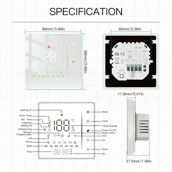 ZigBee Thermostat Wall Mounted Glass Panel Hub Compatible Fall 2025 Energy Saving