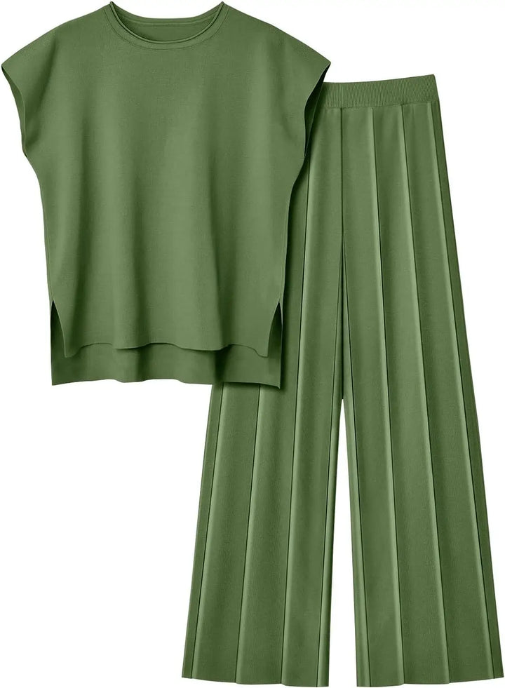 Soft Relaxed Women’s Two-Piece Trouser Set – Sleeveless Round-Neck Knit Top, High-Waist Wide-Leg Trousers For Summer