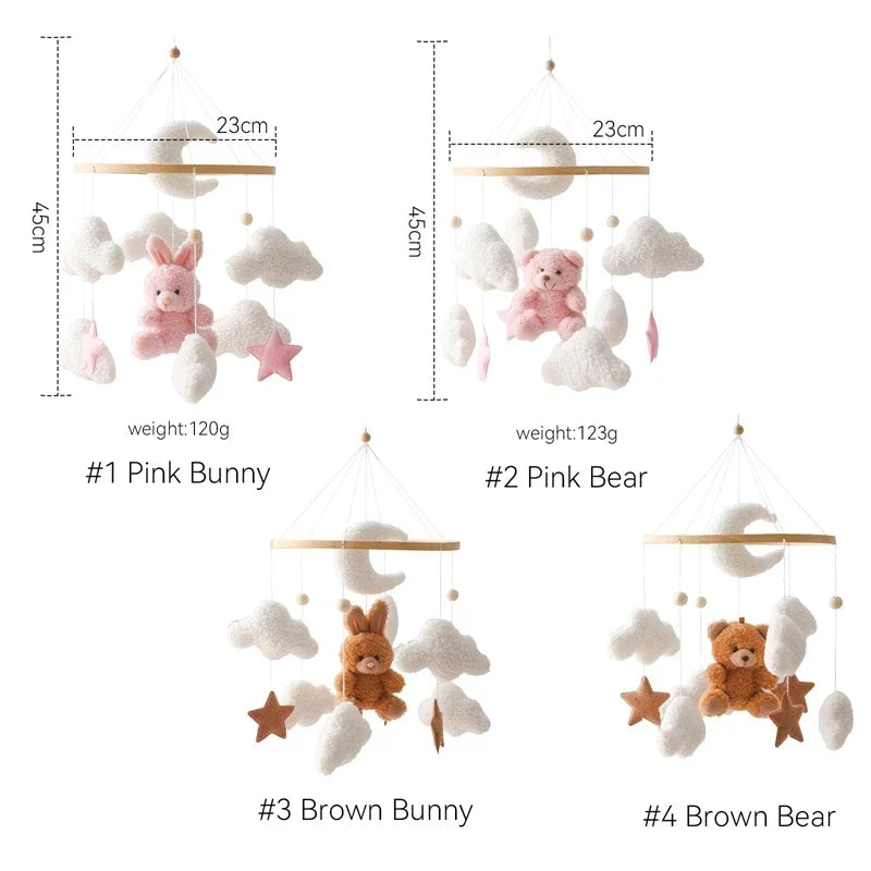 Wooden Crib Mobile Felt Bear Musical Newborn Sensory Toys