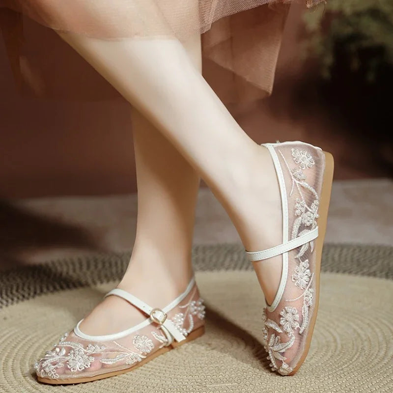 Lightweight Women’s Ballet Flats - Mary Jane Mesh, Beaded