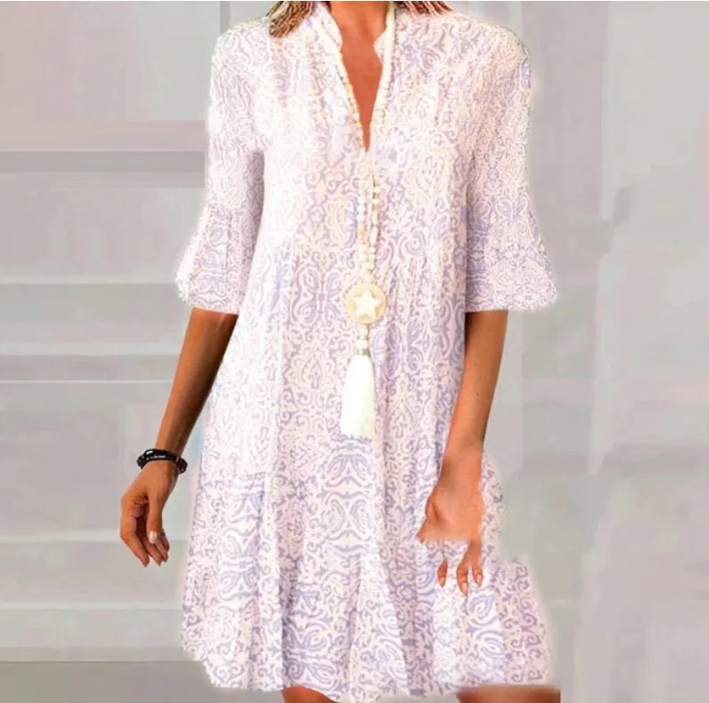 Autumn V Neck Flared Mini Dress for Ladies - Casual A-Line Pullover Boho Style