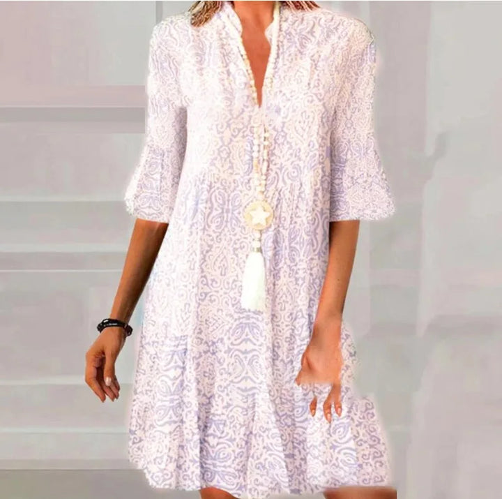 Autumn V Neck Flared Mini Dress for Ladies - Casual A-Line Pullover Boho Style