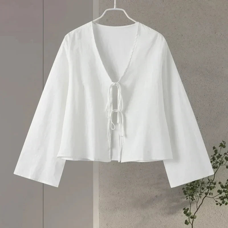 Stylish Long Sleeve Blouse with Openwork V-Neck and Lacing, Breathable Fabric for Spring Fashion